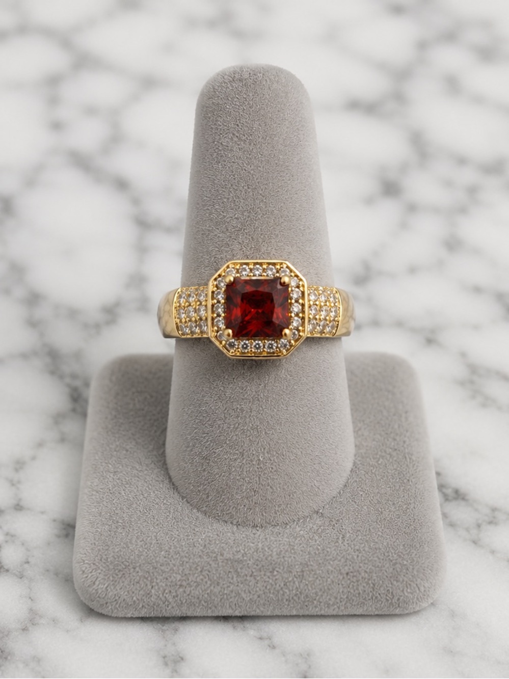 Size 9 Garnet CZ Ring Gold Statement Ring Octagon Halo Ring|18K Gold Filled